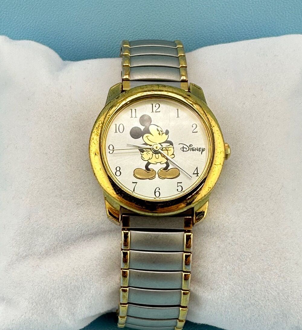 Vintage Mickey Mouse Gold Silver Tone Stretch Band Wrist Watch Tested Works - Picture 5 of 14